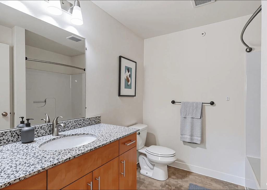 A bathroom with a toilet, sink, and mirror.