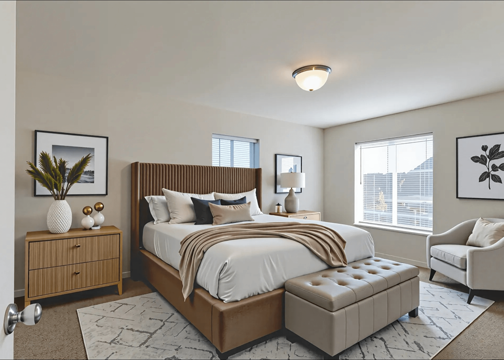 A bedroom with a large bed, a nightstand, and a chair.