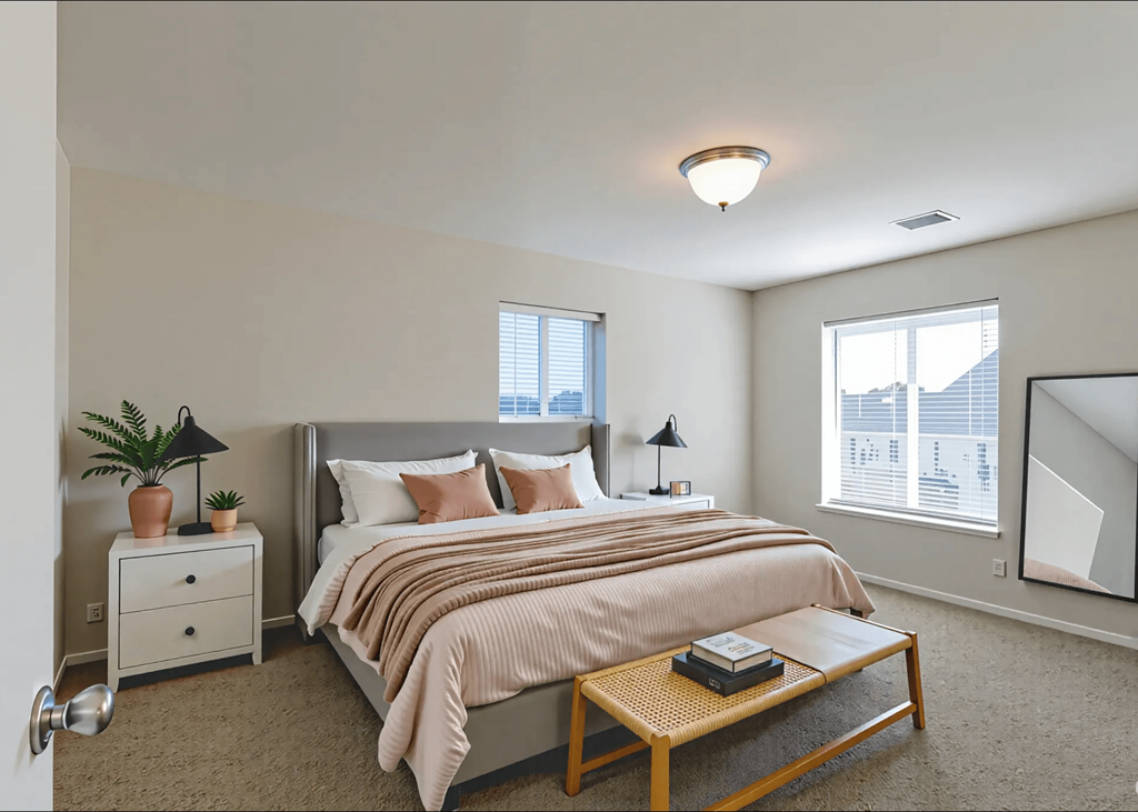 A bedroom with a bed, nightstand, and a plant.