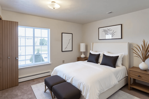 A bedroom with a large bed, two lamps, and a window with blinds.