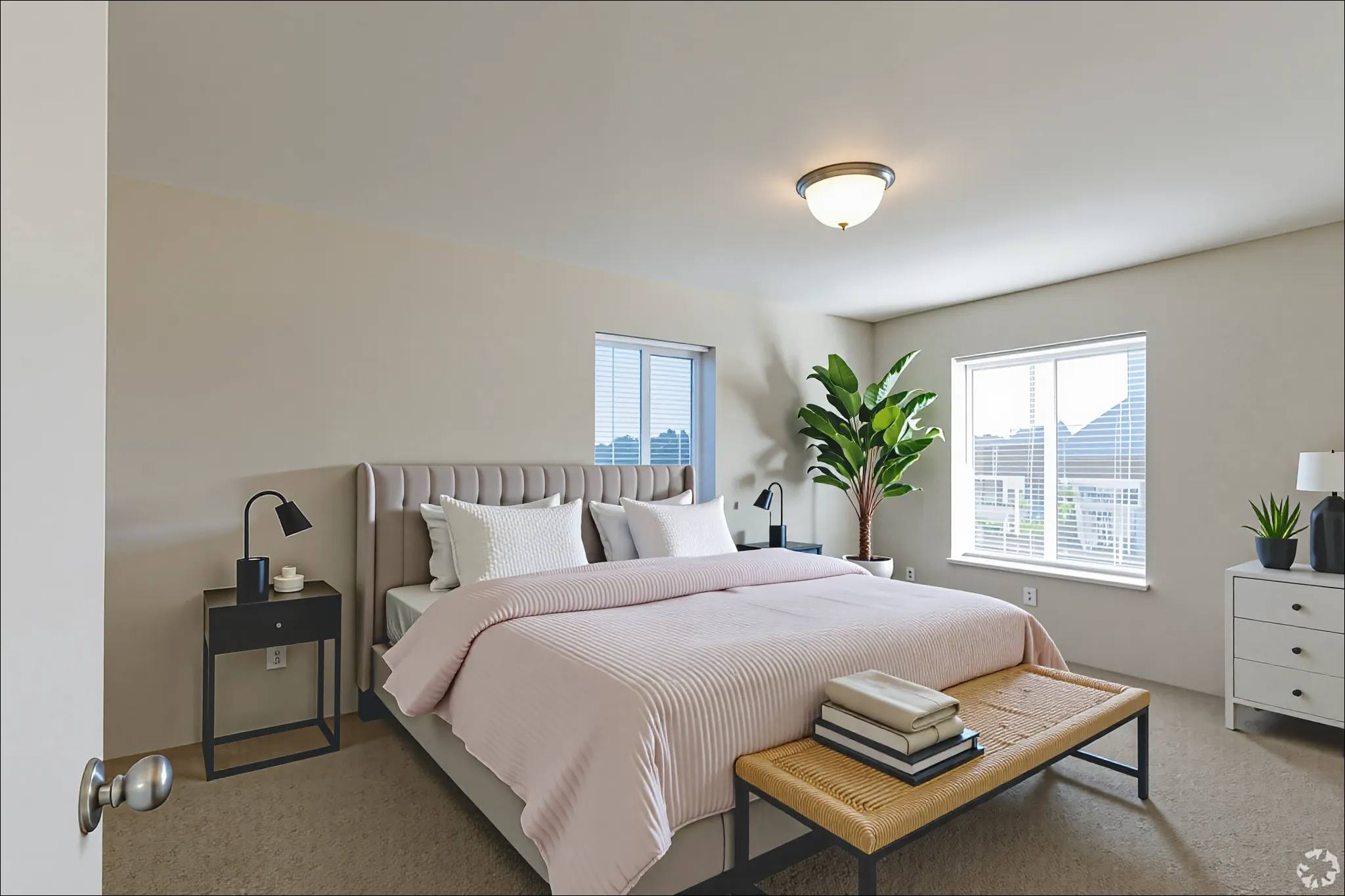 A bedroom with a large bed and a window with blinds.