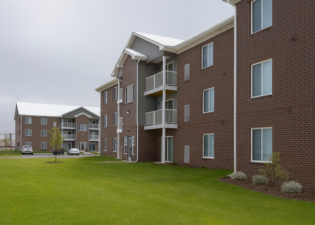 A large apartment complex with a grassy area in front.