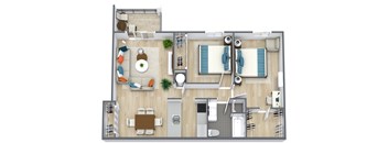A top down view of a small apartment with a kitchen, living room, and bathroom.