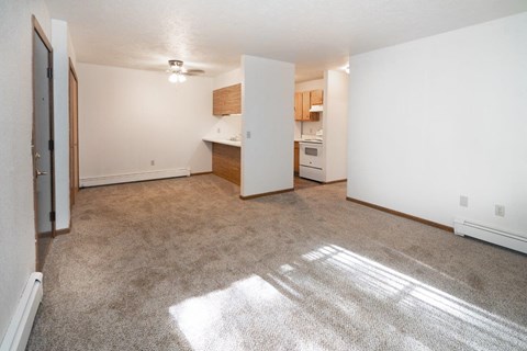 an empty living room with a kitchen in the background