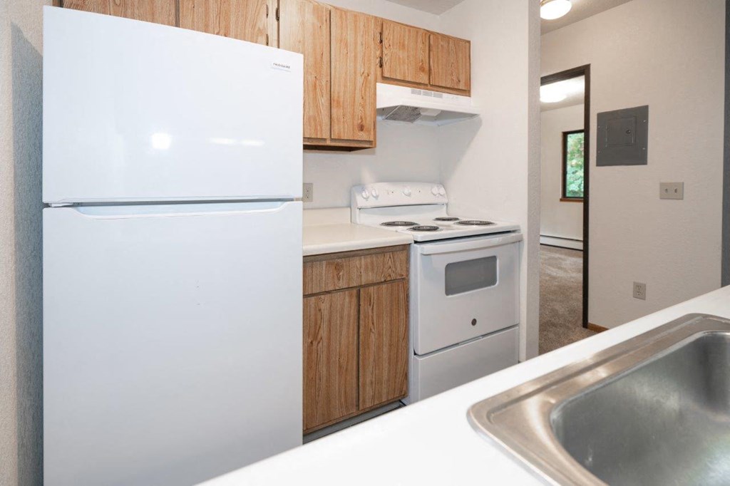 a kitchen with a white stove and refrigerator and a sink