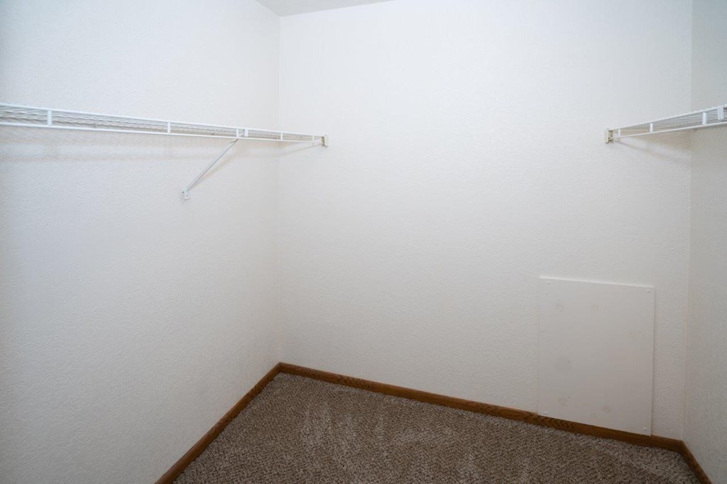 a room with a carpet and two hanging racks on the wall