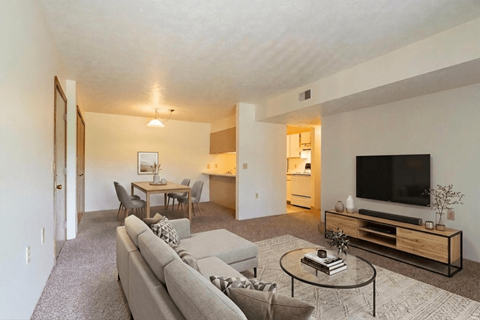 A living room with a grey couch and a glass coffee table.