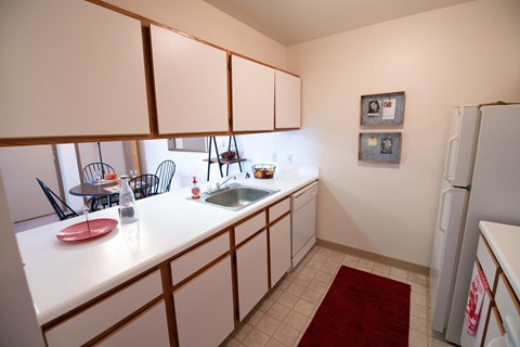 A kitchen with white cabinets and a red rug on the floor.