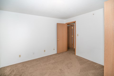 a bedroom with a carpeted floor and a door to a closet