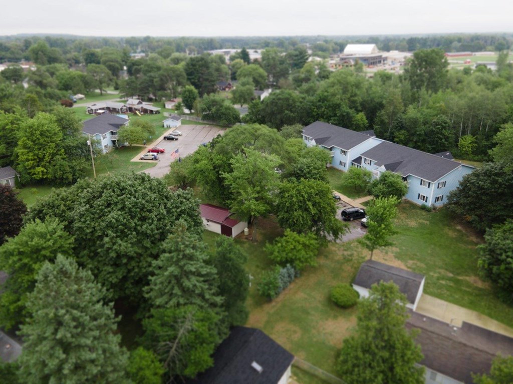 an aerial view of a neighborhood with houses and trees