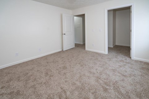 a bedroom with carpet and a door to a closet