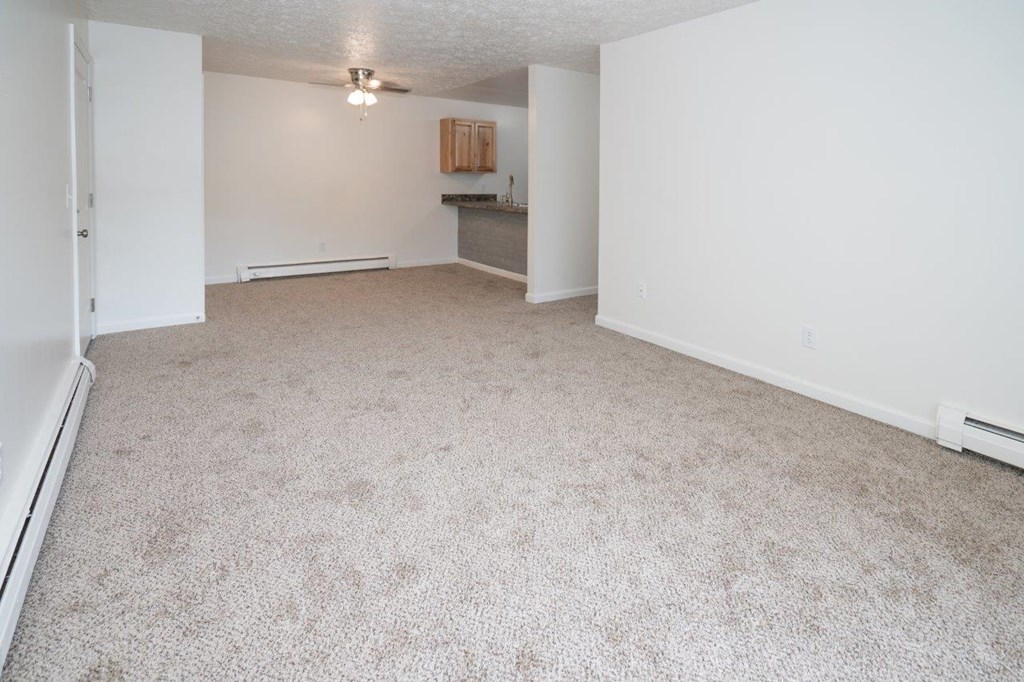an empty living room with carpeting and a kitchen