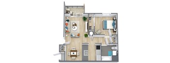 A top-down view of a small apartment with a kitchen, living room, and bathroom.