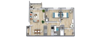 A floor plan of a house with a living room, kitchen, and bathroom.