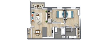 A floor plan of a house with a kitchen, living room, dining room, and bathroom.