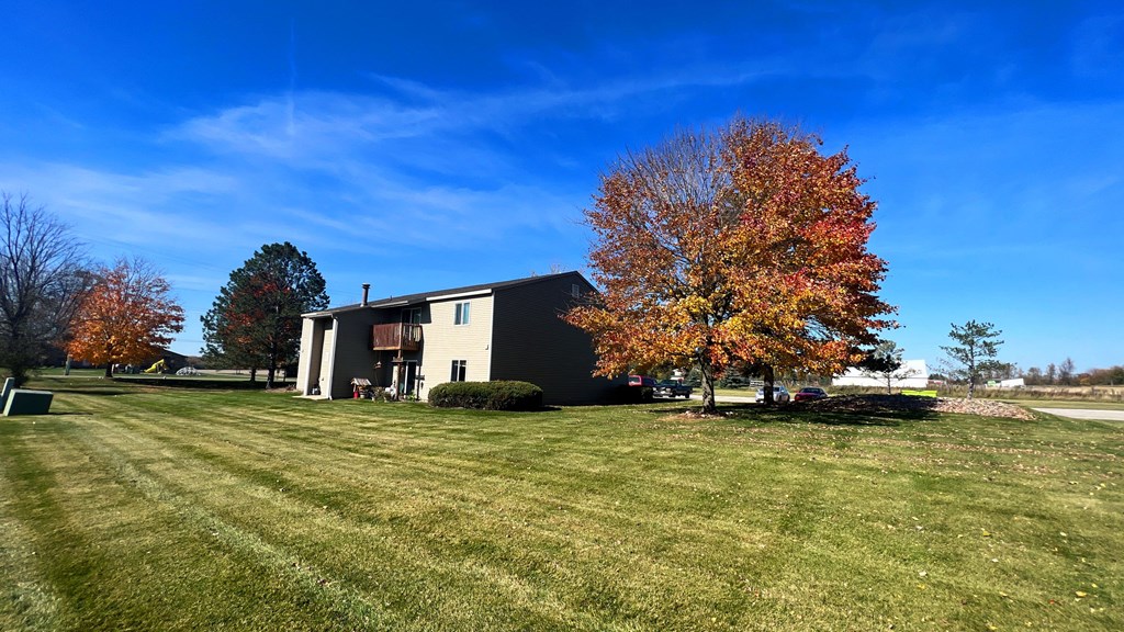 a house with a tree in front of it on a field