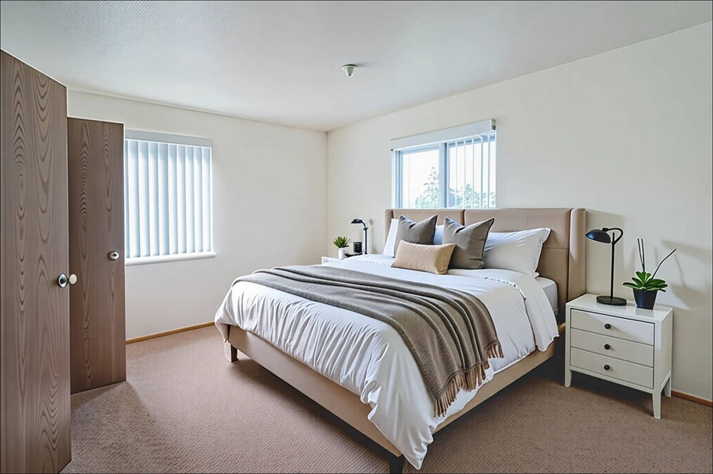 A bedroom with a bed, nightstand, and window.