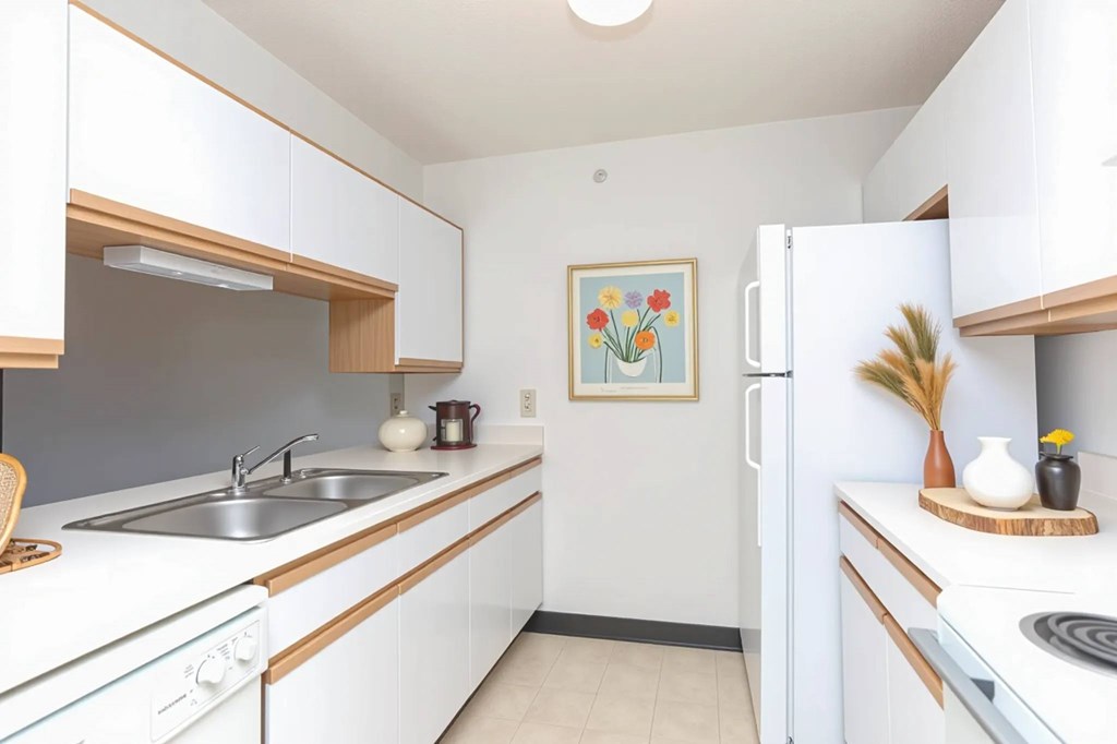 A kitchen with white cabinets and a painting on the wall.