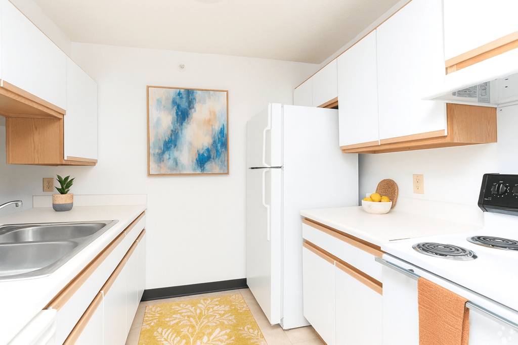 A kitchen with white cabinets and a white fridge.
