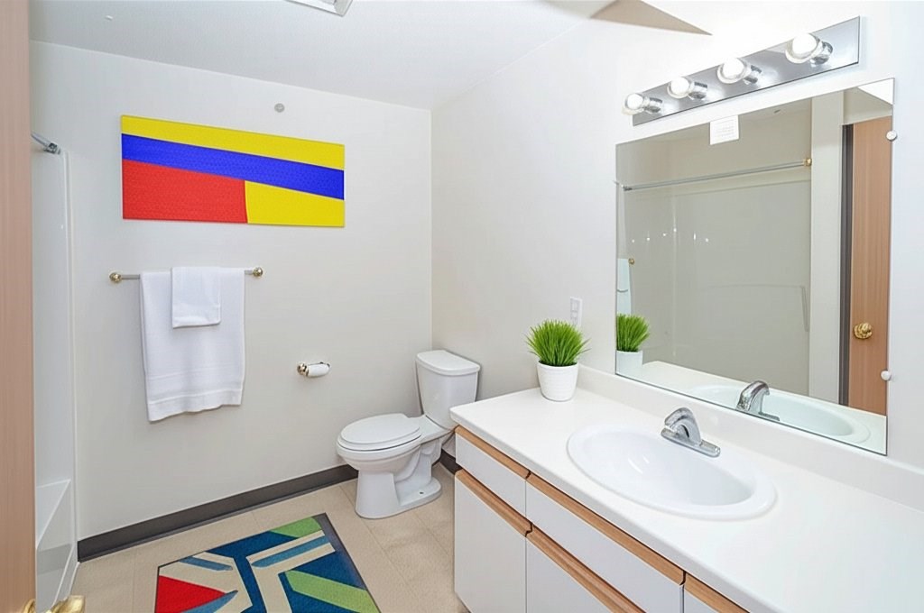 A bathroom with a white toilet, a white sink, a mirror, a towel rack, and a colorful rug.