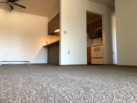 the living room and kitchen of an empty apartment with a carpeted floor
