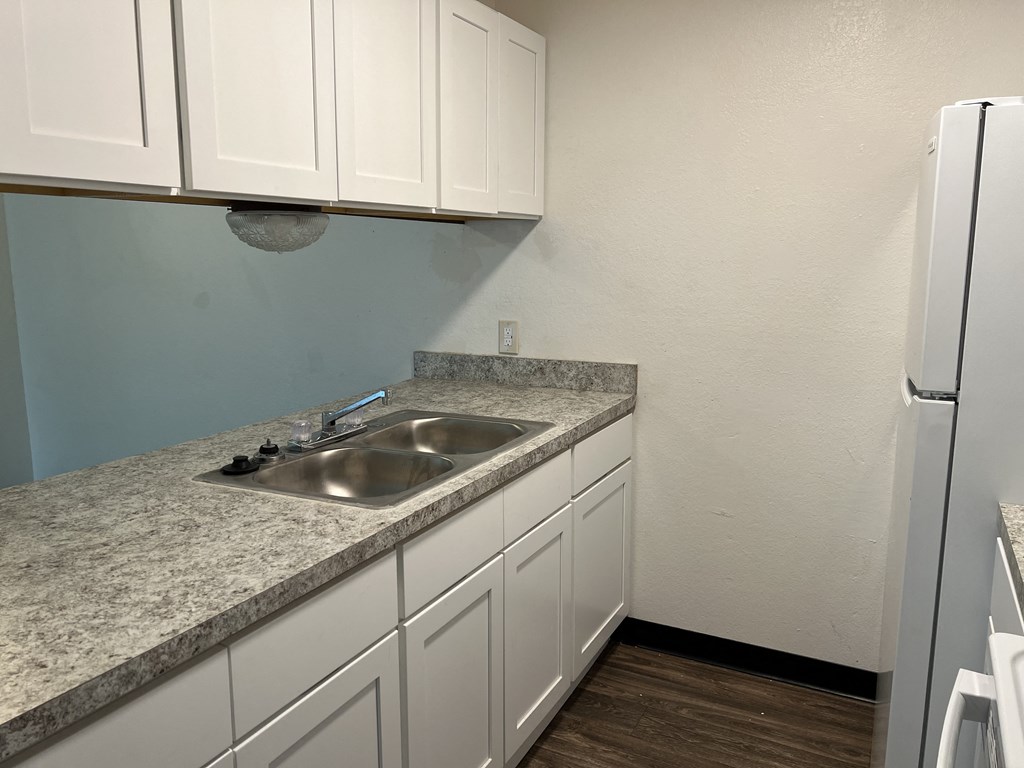 a kitchen with white cabinets and a sink and a refrigerator