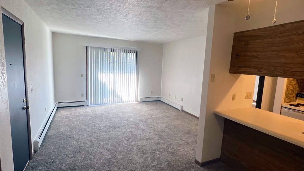 an empty living room with a sliding glass door and a window