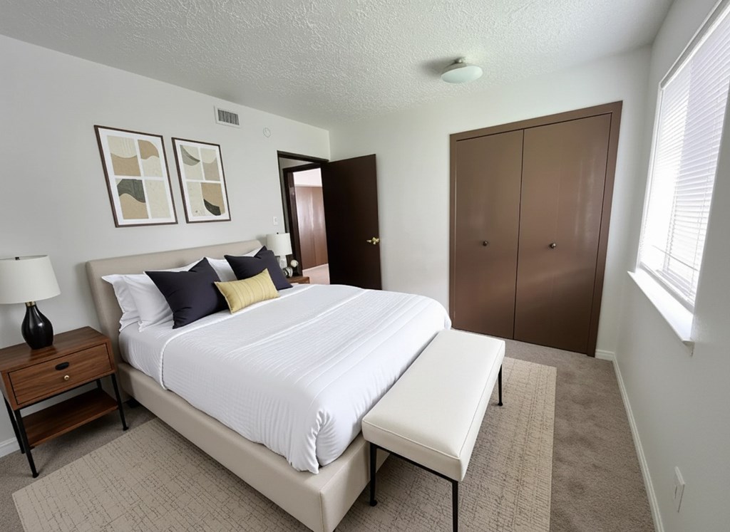 A bedroom with a large bed and a nightstand with a lamp.