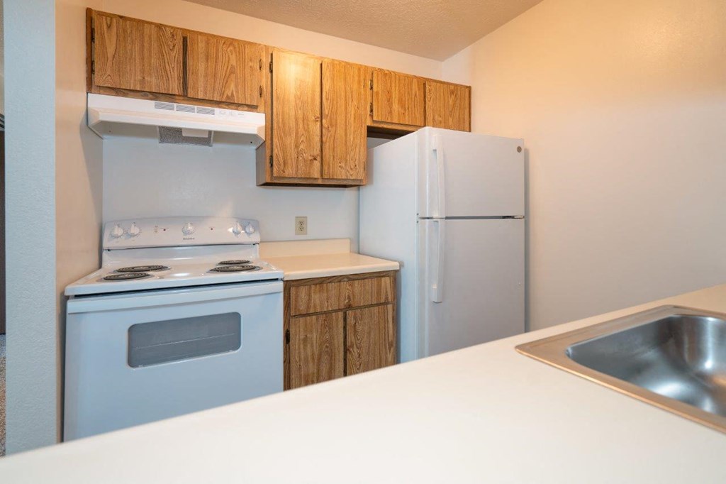 a kitchen with a stove refrigerator and a sink