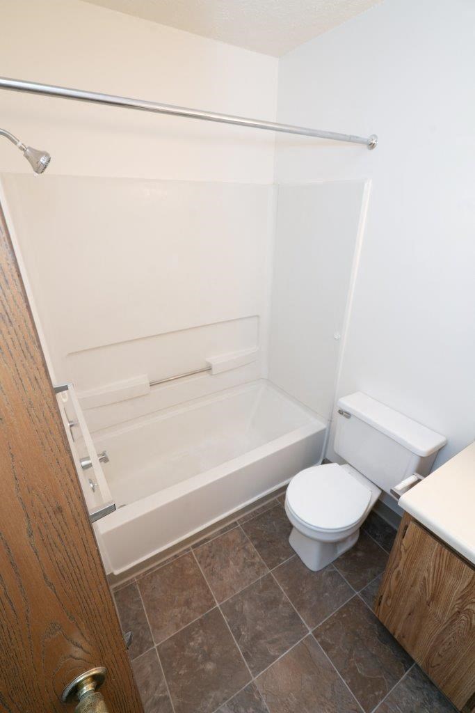 a bathroom with a toilet and a bath tub