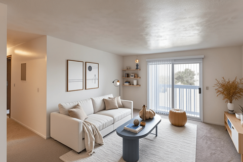 A living room with a white couch and a coffee table.