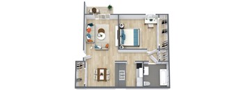 A top-down view of a small apartment with a living room, kitchen, and bathroom.