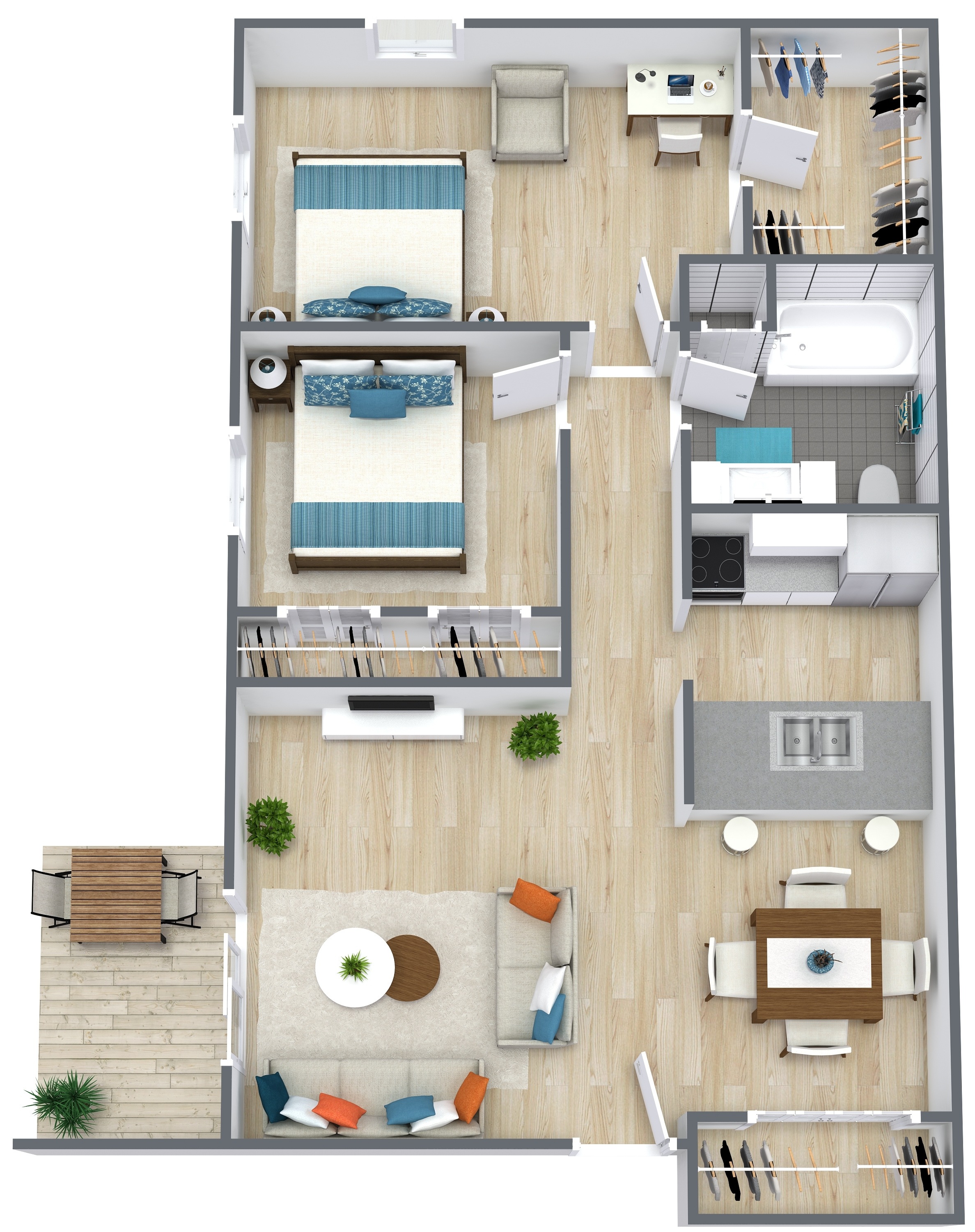 A top-down view of a house layout with a living room, kitchen, dining area, and bedrooms.