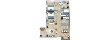 A top-down view of a house layout with a living room, kitchen, dining area, and bedrooms.