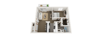 a 3d rendering of a bedroom with a bathroom and a living room