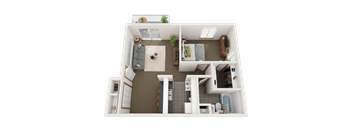 A 3D floor plan of a small apartment with a living room, kitchen, and bathroom.