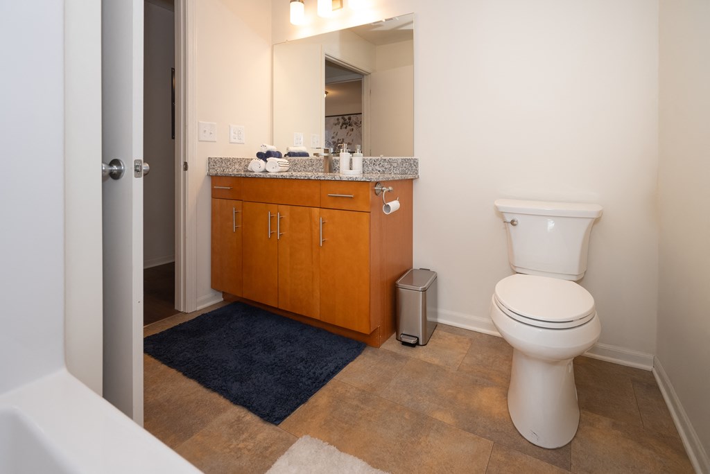 A bathroom with a toilet, a mirror, and a cabinet.