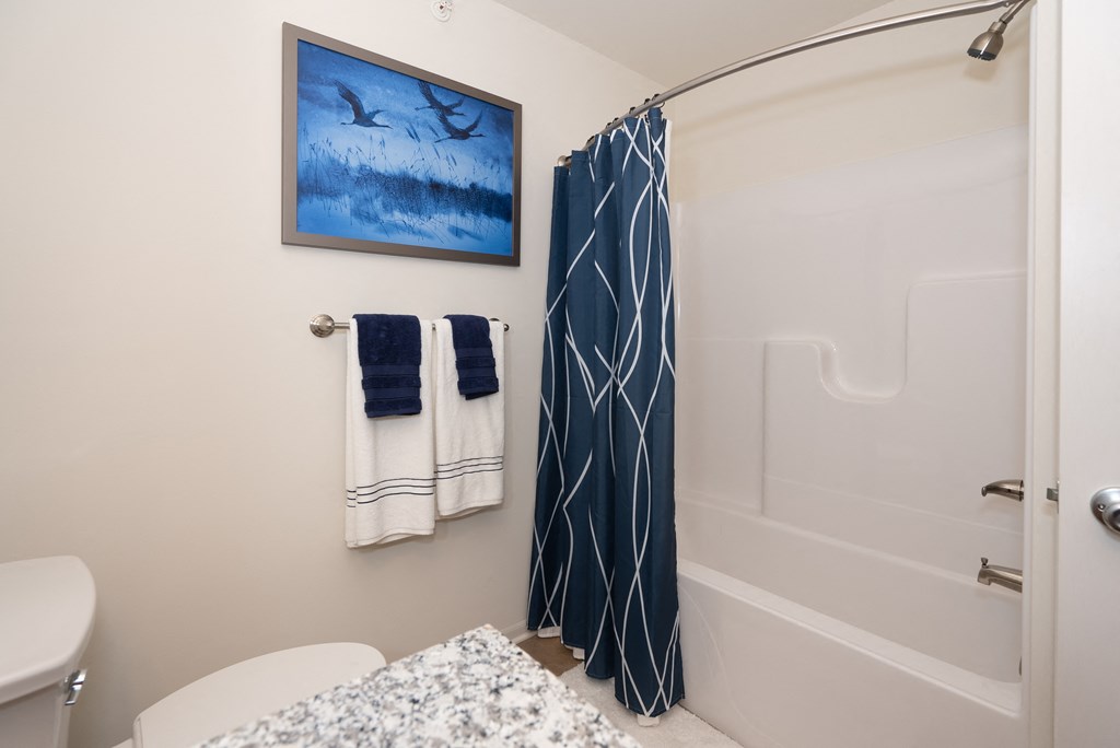 A bathroom with a toilet, a bed, and a painting of birds on the wall.