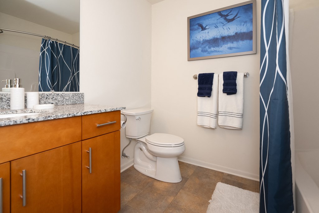 A bathroom with a toilet, sink, and a painting on the wall.