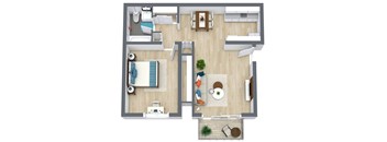 A top-down view of a living room, kitchen, and dining area.