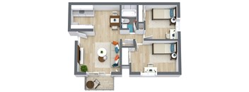 A top-down view of a two-bedroom apartment with a living room, kitchen, and bathroom.