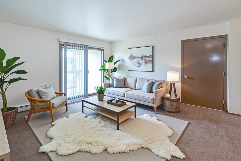 A living room with a white rug and a wooden coffee table.