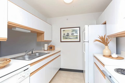 A kitchen with white cabinets and a fridge.