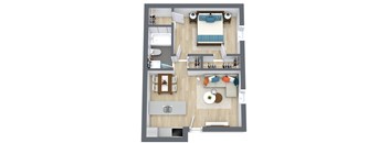 A top-down view of a living room with a couch, chairs, and a coffee table.