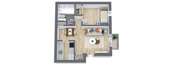 A top-down view of a living room with a couch, coffee table, and kitchen area.