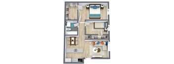 A floor plan of a house with two bedrooms, a living room, a kitchen, and a bathroom.