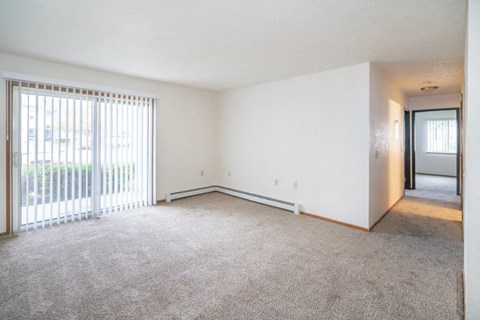 A spacious room with a sliding glass door and carpeted floor.