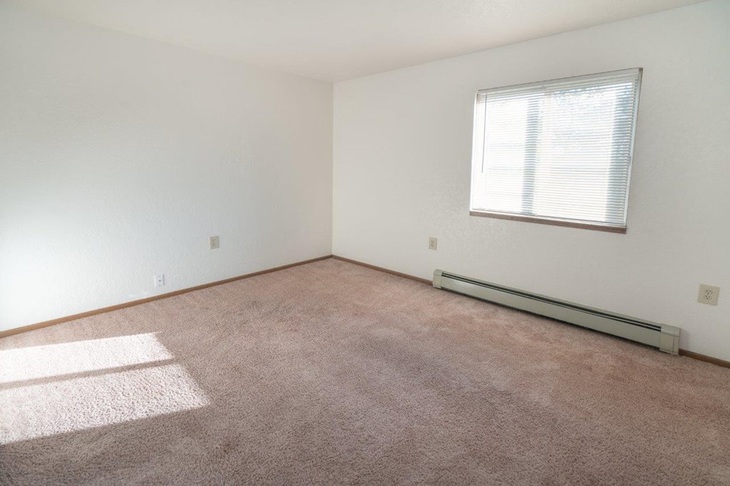 an empty room with carpet and a window
