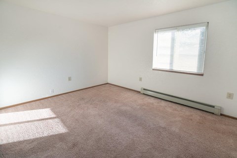 an empty room with carpet and a window