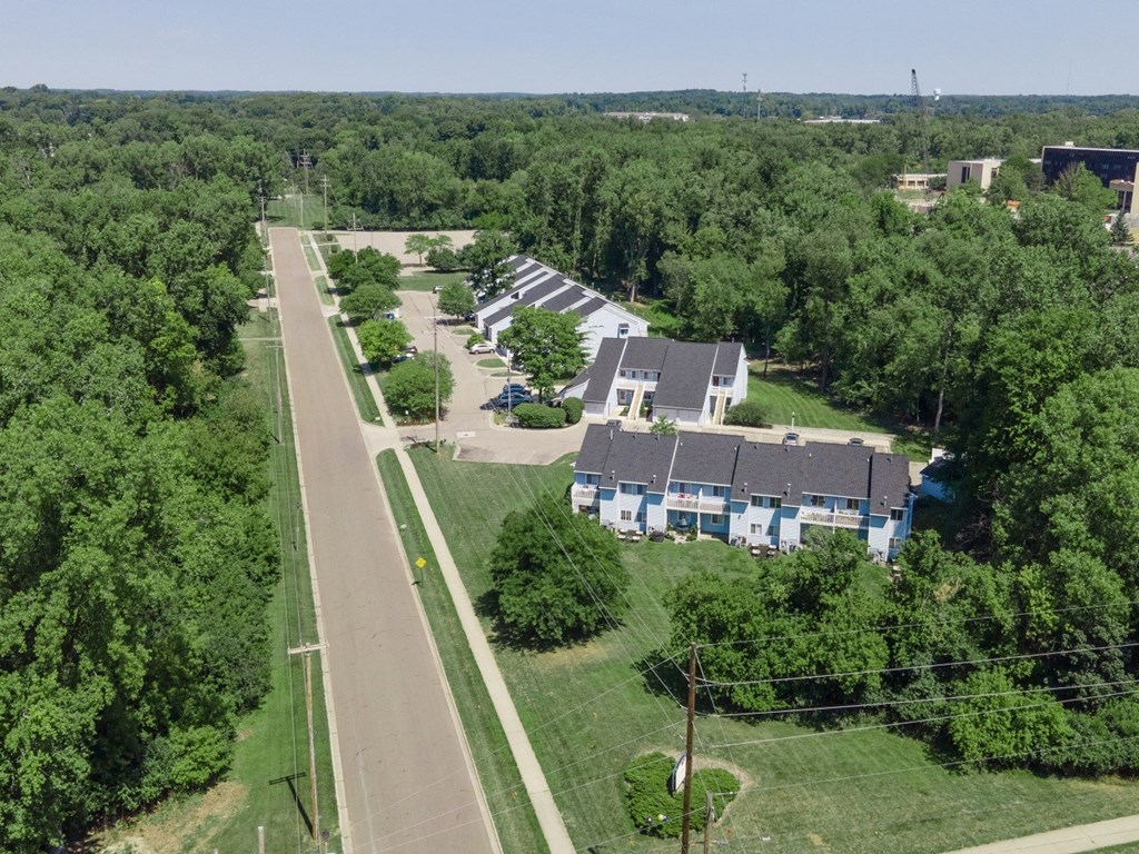Aerial View Of Lush Green Property Exterior at Raleigh House Apartments, MRD Apartments, Michigan